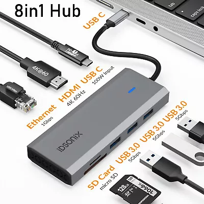 8 In 1 Type-C HUB HDMI USB Multiport Card Reader Adapter Laptop Docking Station • $26.99