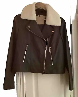 Michael Kors US XL Brown Leather Biker Jacket Shearling Collar RRP $460 • $199