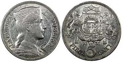 LATVIA Silver 1931 5 Lati Maiden's Head 37 Mm XF KM# 9 (24 338) • $49.95