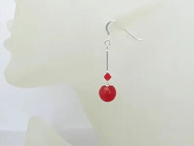 Bright Red Faceted Jade Earrings With Swarovski Crystals & Sterling Silver Tubes • £13.75