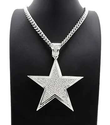 HIP HOP ICED WHITE GOLD PT LARGE STAR PENDANT & 6mm 24  CUBAN CHAIN NECKLACE • $22.99