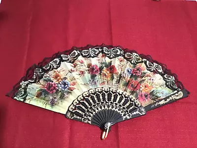 Vintage Floral Black Lace Folding Hand Fan -  - 17.5  Open • $23