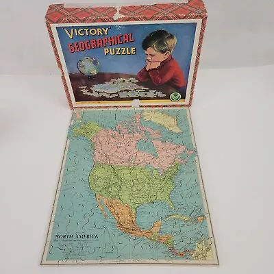 Vintage Victory Wooden Puzzle Map 100 PC USA North America Complete M2 • $18.95