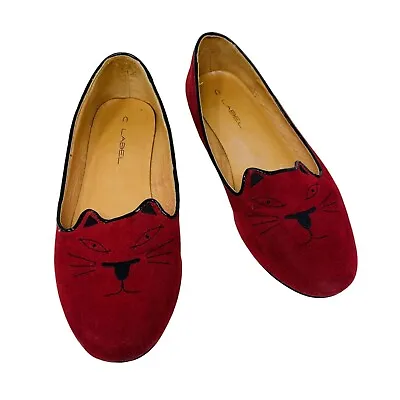 C Label Loafers Women's 9 Cat Face Flats Burgundy Red Faux Suede Shoes • $16.80