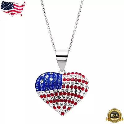 Crystaluxe American Flag Heart Pendant With Crystals Silver Plated Lab-Created • $4.85