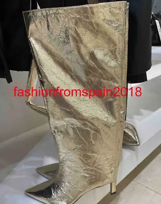 ZARA NEW WOMAN WRINKLED METALLIC HIGH-HEEL BOOTS GOLDEN 3009/210 Sale Size 9 • $75