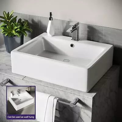 Rectangle 600 Mm Large Counter Top Wall Hung Basin Sink Overflow Bathroom Leven • £96.99