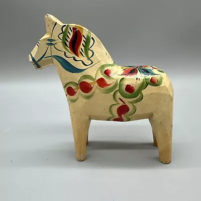 Vintage Wood Dala Horse Hand Carved Painted Made In Sweden 6” White Cream • $25.97