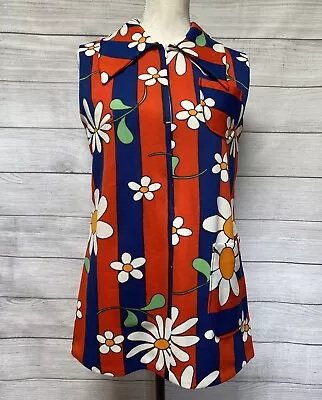 Vintage 60s 70s Mini Dress Flower Power Pockets Handmade Red Blue Daisies • $89.99