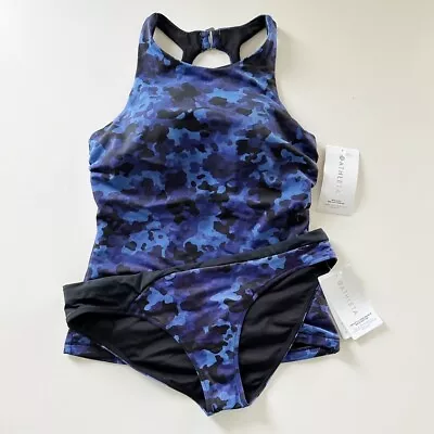 ATHLETA Maldives Bra Tankini + Bikini Swimsuit : Cloud Camo Blue 36 D DD L Large • $64.99