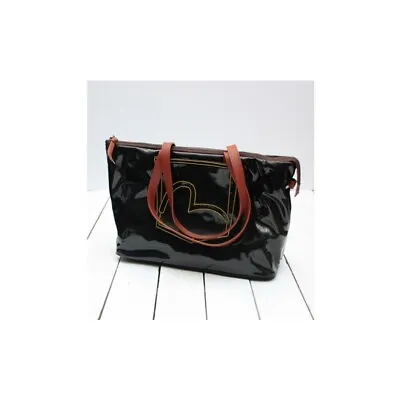 EVISU X Mandarina Duck Patent Tote Bag Shopper Black Expandable Leather Denim • $99