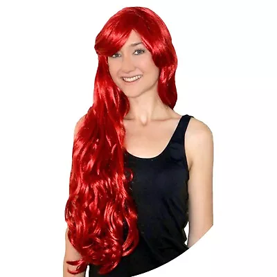 Deluxe Mermaid Long Red Wig With Fringe Costume Poison Ivy Ariel Soft Curls • $37.95