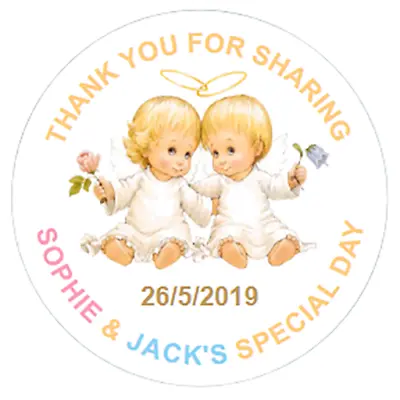 £3.95 • Buy 48 Personalised Baptism Stickers Christening Sweet Bag Seals 40mm Labels TWINS