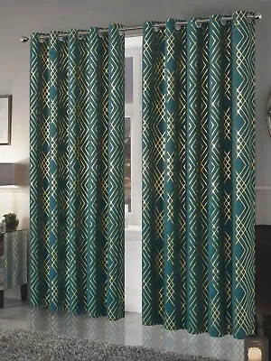 FOIL GEO BLACKOUT CURTAINS Thermal Ring Top Ready Made Curtain Pair • £22.99