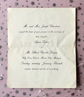 Antique Wedding Invitation 1910 Agnes Chartran Albert Dupuis Marine City MI • $8.87