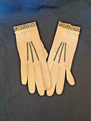 Vintage FRENCH Leather  Gloves Black And White Braided Trim XS Size For Display • $40