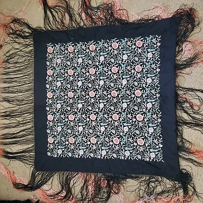 1920's  Black Silk Vibrant Embroidered Small Piano Shawl W Ombre Fringe  • $175