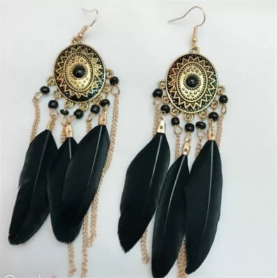 Boho Tribal Tassel - Pierced Feather Chandelier Gypsy Or Clip On Earrings Gold • £3.90