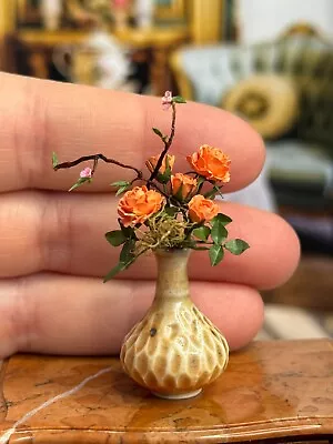 Vintage Miniature Dollhouse Artisan Carol Wagner Rose Branch Bouquet In Bud Vase • $199.99