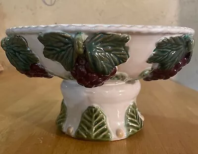 Vintage Ceramic Majolica Terracotta Footed Pedestal Bowl Grapes Handmade 11  • $65.99