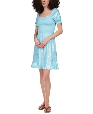 Michael Kors Women's Foil Print Smocked Peasant Dress Turquoise Size M • $22.95