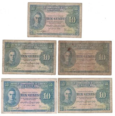 Malaya - Group Of (5) 1.7.1941 10 Cents Banknotes (P-8) • $49