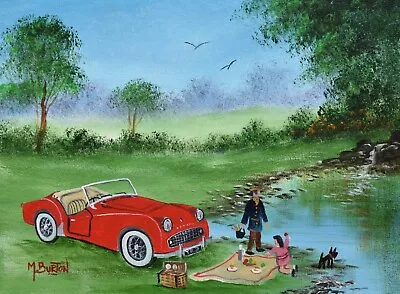 Mal Burton Original Oil Painting Picnic With Daddy Triumph TR3 Classic Car • £79