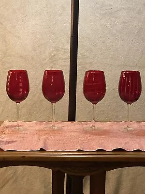 MIKASA Set Of 4 Cheers Ruby Wine Glasses Etched With Goemetric Patterns • $38