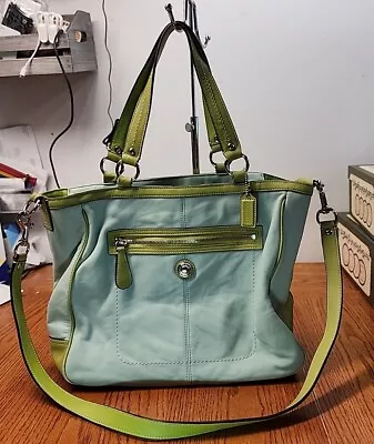 Coach Laura Leather Large Tote Shoulder Handbag F14887 Purse Blue/Green • $75