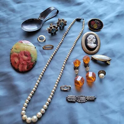 Antique Jewelry Lot Micro Mosaic Italy Sterling Spoon Forget Me Not Cameo Pearl • $59.99