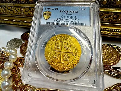 Peru 1709 Pcgs 62! 8 Escudos 1715 Fleet Shipwreck Pirate Gold Coins Doubloon • $49500