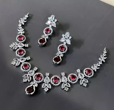 Indian Bollywood Silver Plated Ethnic AD CZ Jewelry Earrings Necklace Bridal Set • $22.87