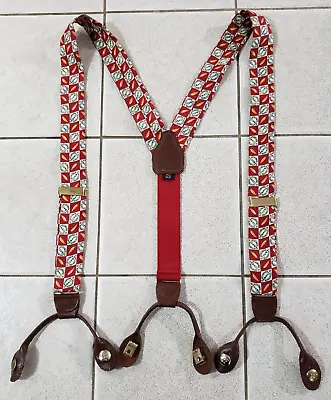 VTG Tabasco Red Silk Men's Suspenders Braces Brown Leather Button Hook Or Clip • $19.95