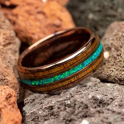 Opal & Hawaiian Koa Wood Coffee Tungsten Men's Wedding Ring 8mm • $99.98