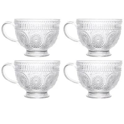 Vintage Tea Cups Glass Tea Cups 12 Oz Set Of 4 Embossed Glass Cups Quality • $29.99