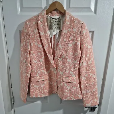 Jack Wills Jacket UK 8 Pink White Floral Blazer Jacquard Long Sleeve • £39.11