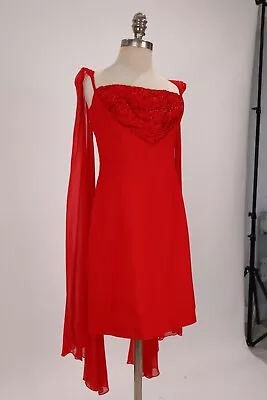 🌷 Vintage 80's Red Sequin Shoulder Sash Chiffon Dress Mini Party Prom XS - FLAW • $28