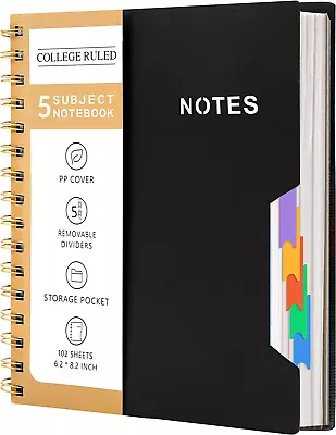 CAGIE 5 Subject Notebook College Ruled 6'' X 8'' Hardcover Spiral Lined Notebook • $18.70