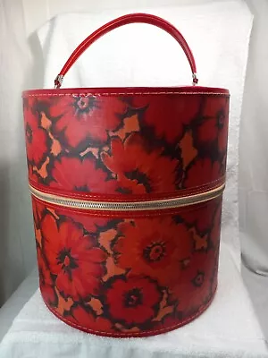 Vintage Red Black Flowers Hat/Wig Travel Case Vinyl W/Handle Tall MCM Metal Zip  • $125