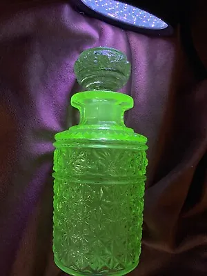 Uranium Glass Perfume Bottle With Stopper Vintage Vaseline Glass UV Reactive • $91.99