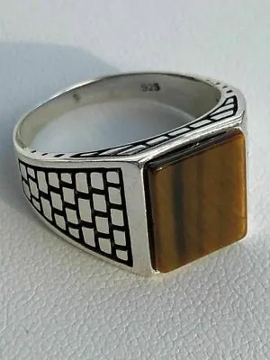 Mens Real Solid 925 Sterling Silver Tiger Eye Square Ring Size 7 8 9 10 11 12 13 • $40.30