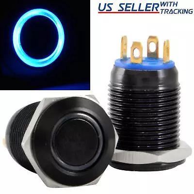 12mm Black Stainless Steel Momentary Push Button Switch Blue LED • $5.99