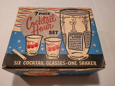 Vintage MCM 7 Piece Cocktail Hour Set 6 Glasses Shaker Anchor Hocking Glass • $99.99