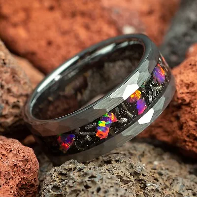 Meteorite & Galaxy Opal Hammered Silver Tungsten Mens Wedding Ring 8mm • $119.98