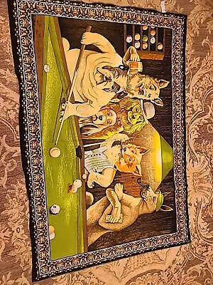 Vintage Velvet Tapestry Wall Hanging Dogs Playing Pool Made In Turkey 58 X 39  • $69.99