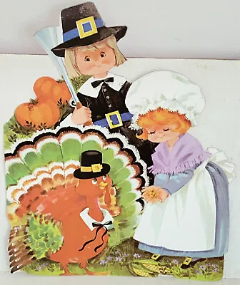 Vintage Eureka Thanksgiving Die Cut Cardboard Decoration Pilgrims & Turkey • $18.99