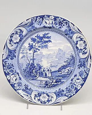 ANTIQUE 1820s STAFFORD GALLERY OPAQUE CHINA BLUE TRANSFER PLATE COUNTRY SCENE • $100