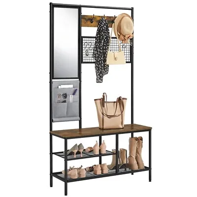 Hall Tree With Shoe Storage Bench/Mirror Coat Rack Entryway Bench Rustic Brown  • $89.99