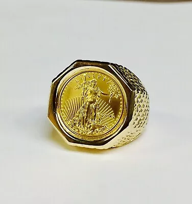 Men's 20 Mm Coin American Eagle Ring With Vintage Real 14K Yellow Gold Plated • $220.10