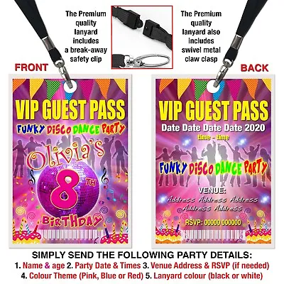FUNKY DANCE DISCO VIP Pass Lanyard Birthday Party Invitation Pink Red Or Blue • £1.95